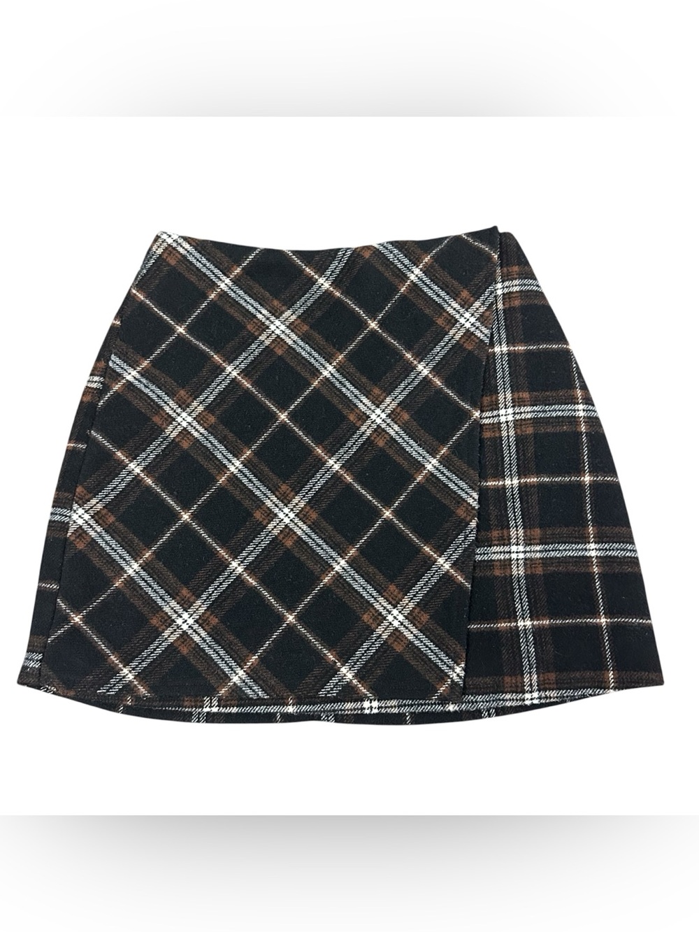 Hollister Ultra High-Rise Plaid Faux Wrap Mini Skirt XS Brown Black Wool Blend